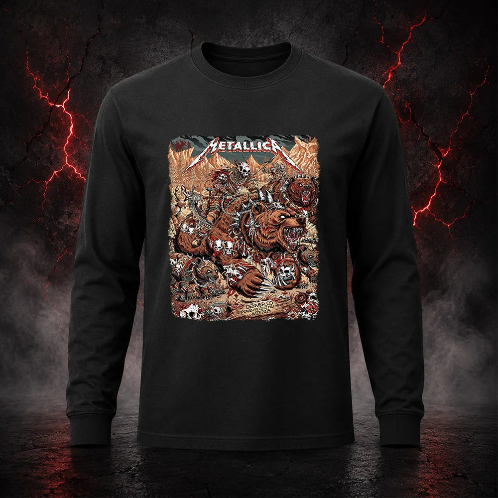 Metallica M72 World Tour June 27 2025 Empower Field At Mile High Denver Colorado United States T-shirt by Juan Ma Orozco featuring skull-faced warriors riding armored bears, skulls, bones, mountain scenery and Denver event text.